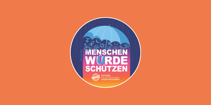 Orangefarbenes Poster mit dem Logo der Internationalen Wochen gegen Rassismus.