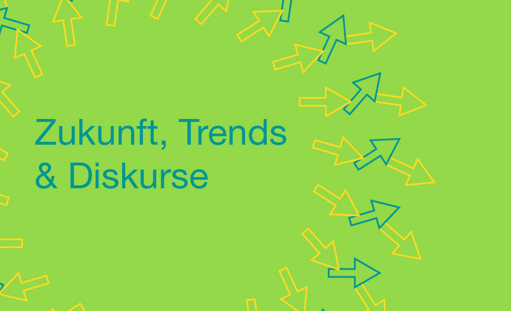 Grünes Poster mit dekorativen Pfeilen und der Aufschrift Zukunft, Trends & Diskurse.