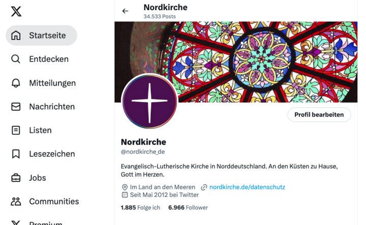 Screenshot des ehemaligen Twitterprofils der Nordkirche mit Menü, Pofilbild , Titelbild und den Angaben in der Biographie.