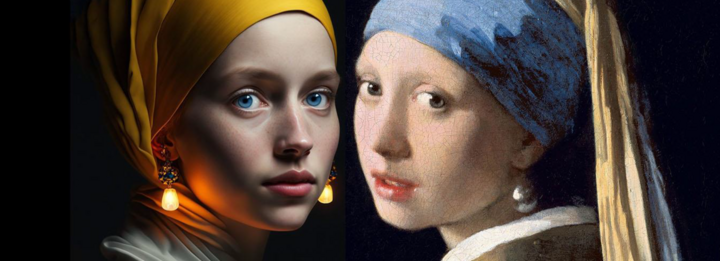 Das historische Bild "Das Mädchen mit den Perlenohrringen" wird einer KI generierten Version gegenüber gestellt. Das KI Bild hat eine sehr detaillierte Grafik und die Perlenohrringe leuchten.